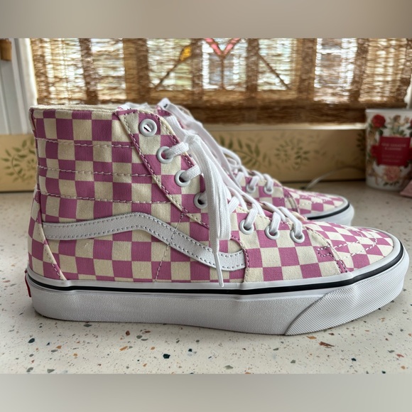 Vans Pink & Cream Checkerboard High Top Sneakers - Picture 9 of 15